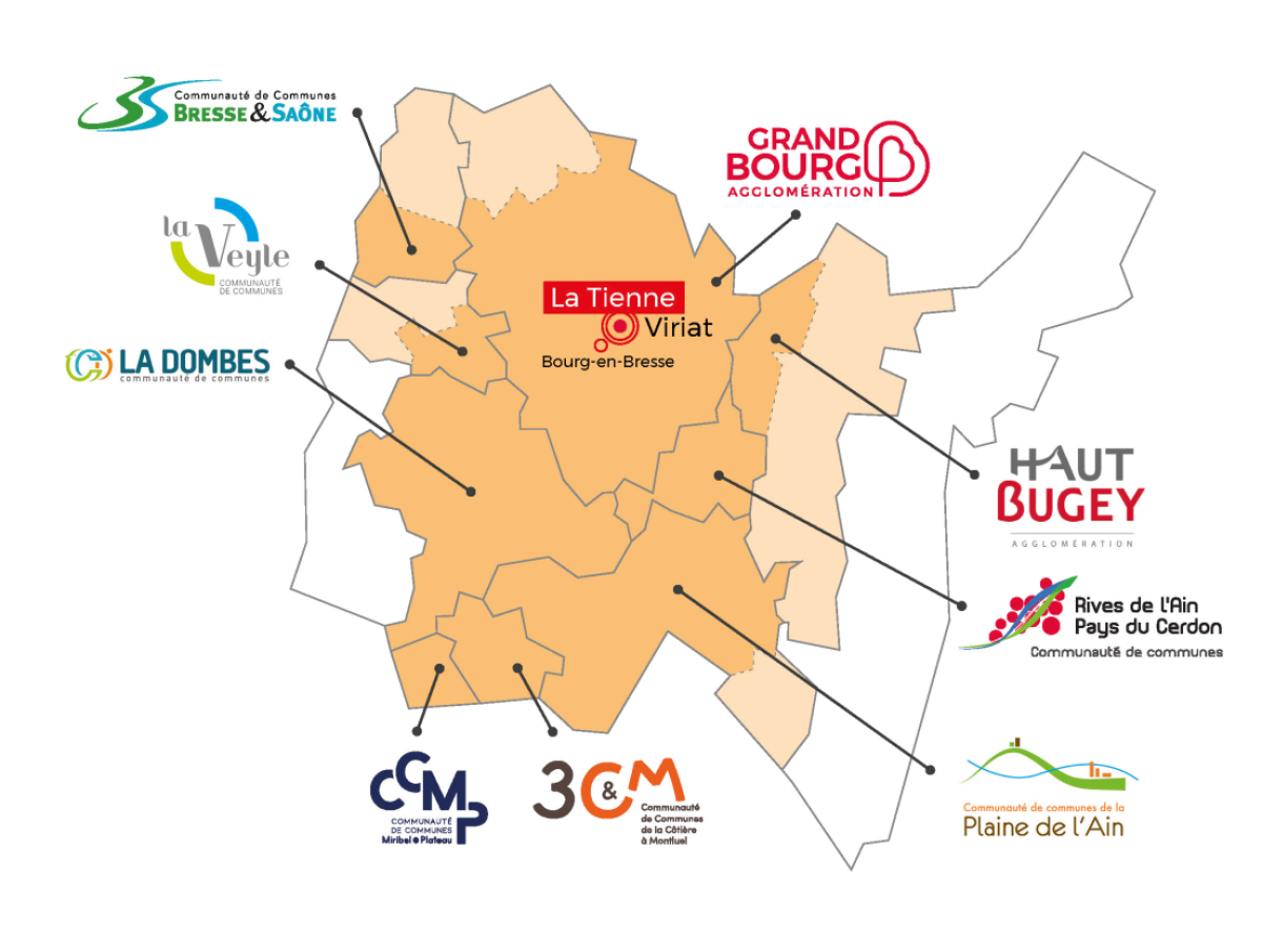 Carte indiquant les 9 collectivités adhérentes au syndicat et le positionnement du pôle de la Tienne.